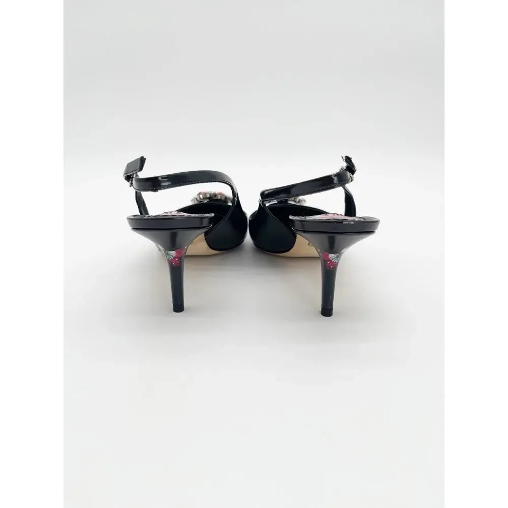 Dolce & Gabbana Black Rose Butterfly Crystal Pointed Toe Slingback Heels IT 40